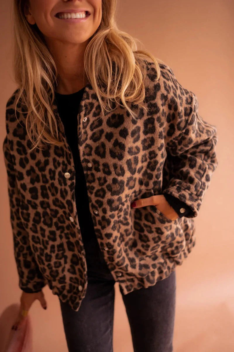 Women's Bomber Jacket Leopard Print Snap-Button