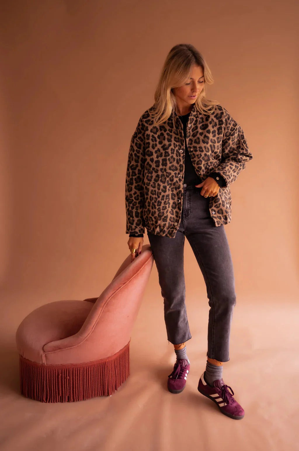 Women's Bomber Jacket Leopard Print Snap-Button