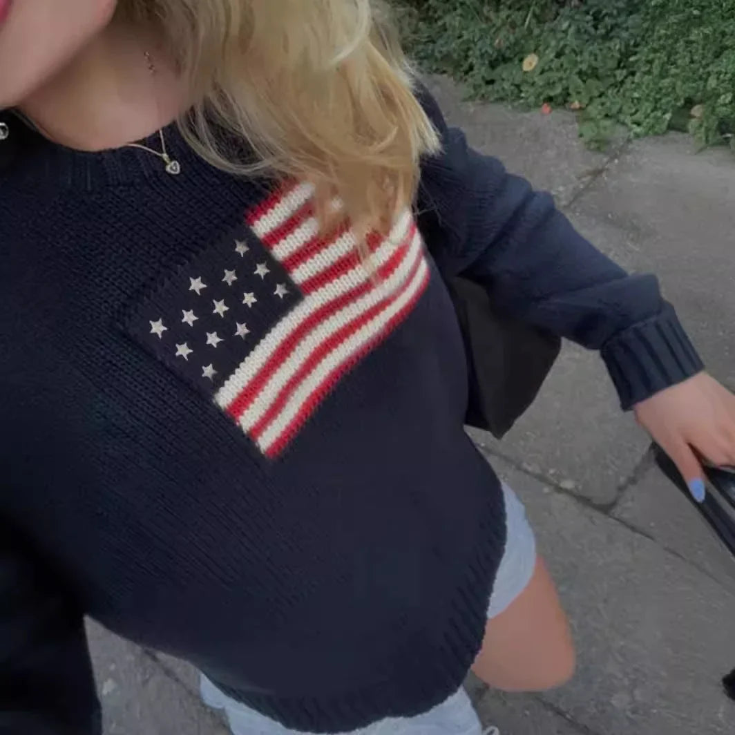 Women's crewneck jumper with American flag motif and ribbed trims