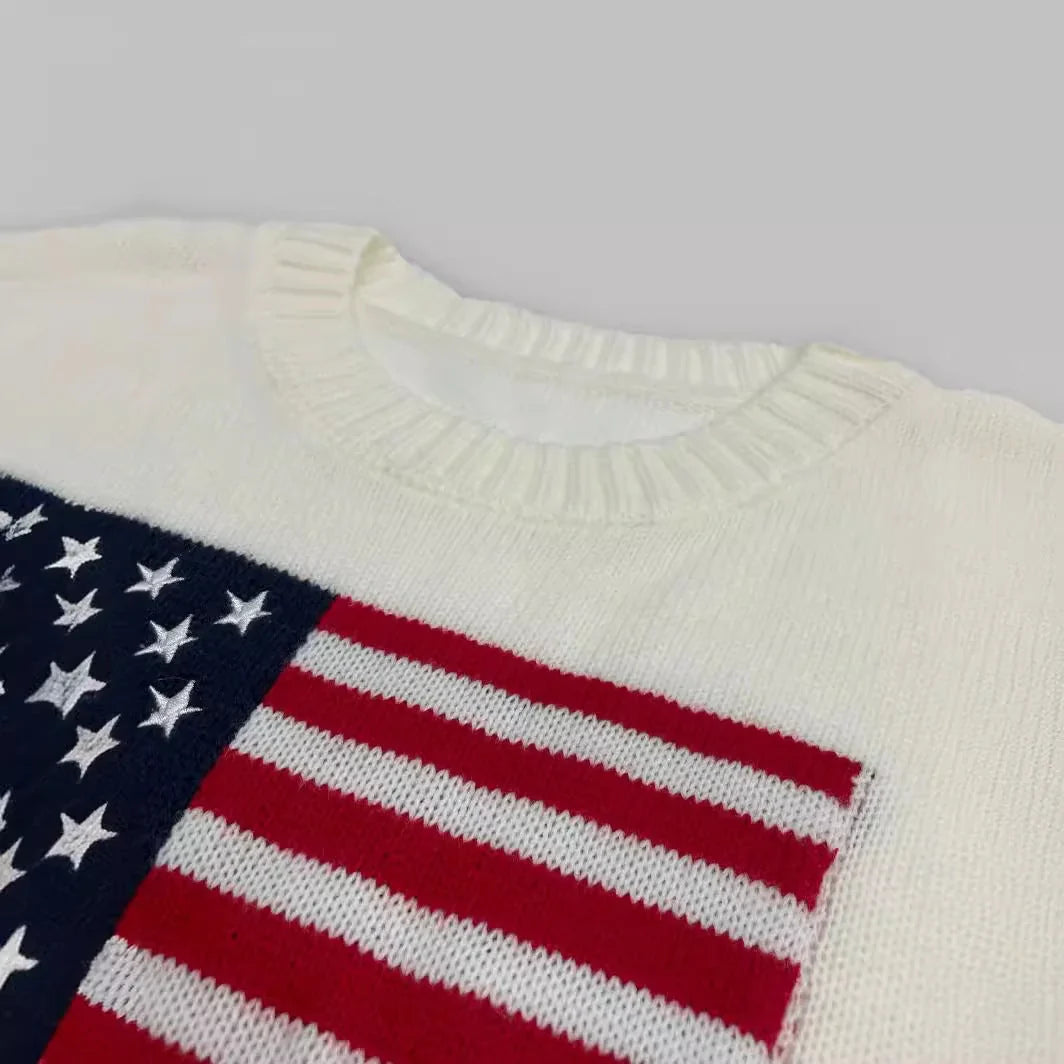 Women's crewneck jumper with American flag motif and ribbed trims
