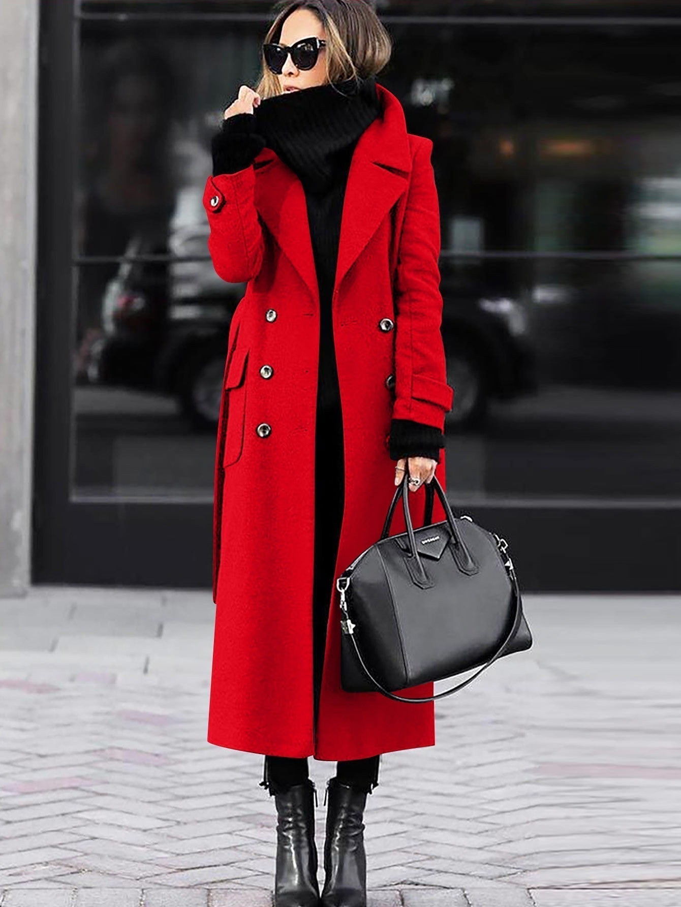 Women's Wool Coat Double-Breasted Maxi Length - Red