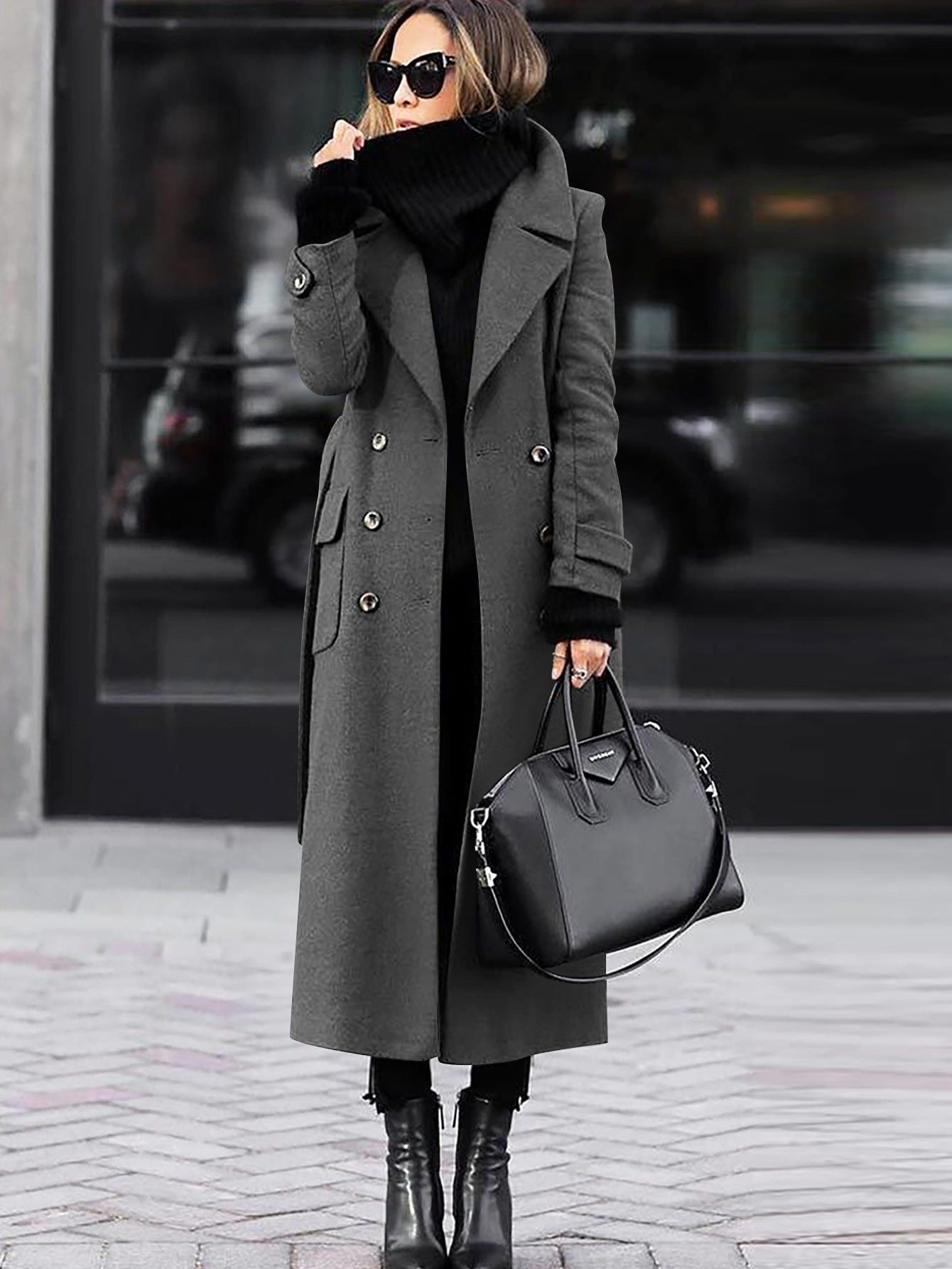 Women's Wool Coat Double-Breasted Maxi Length - Grey