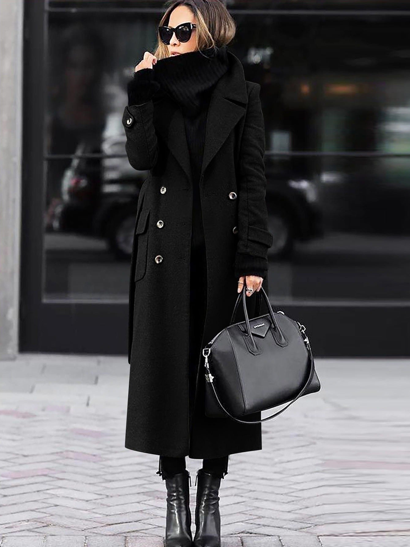 Women's Wool Coat Double-Breasted Maxi Length - Black