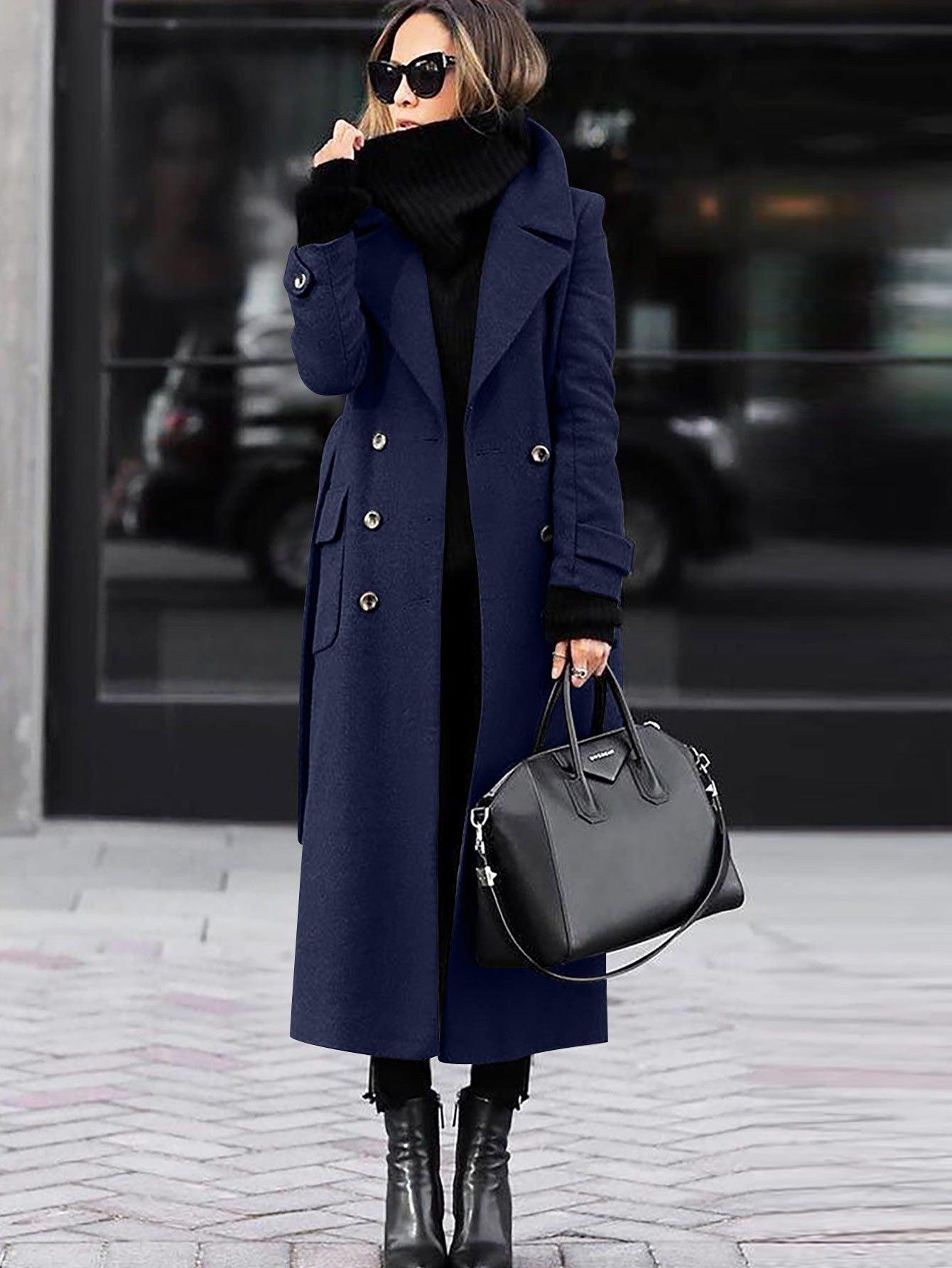 Women's Wool Coat Double-Breasted Maxi Length - Blue