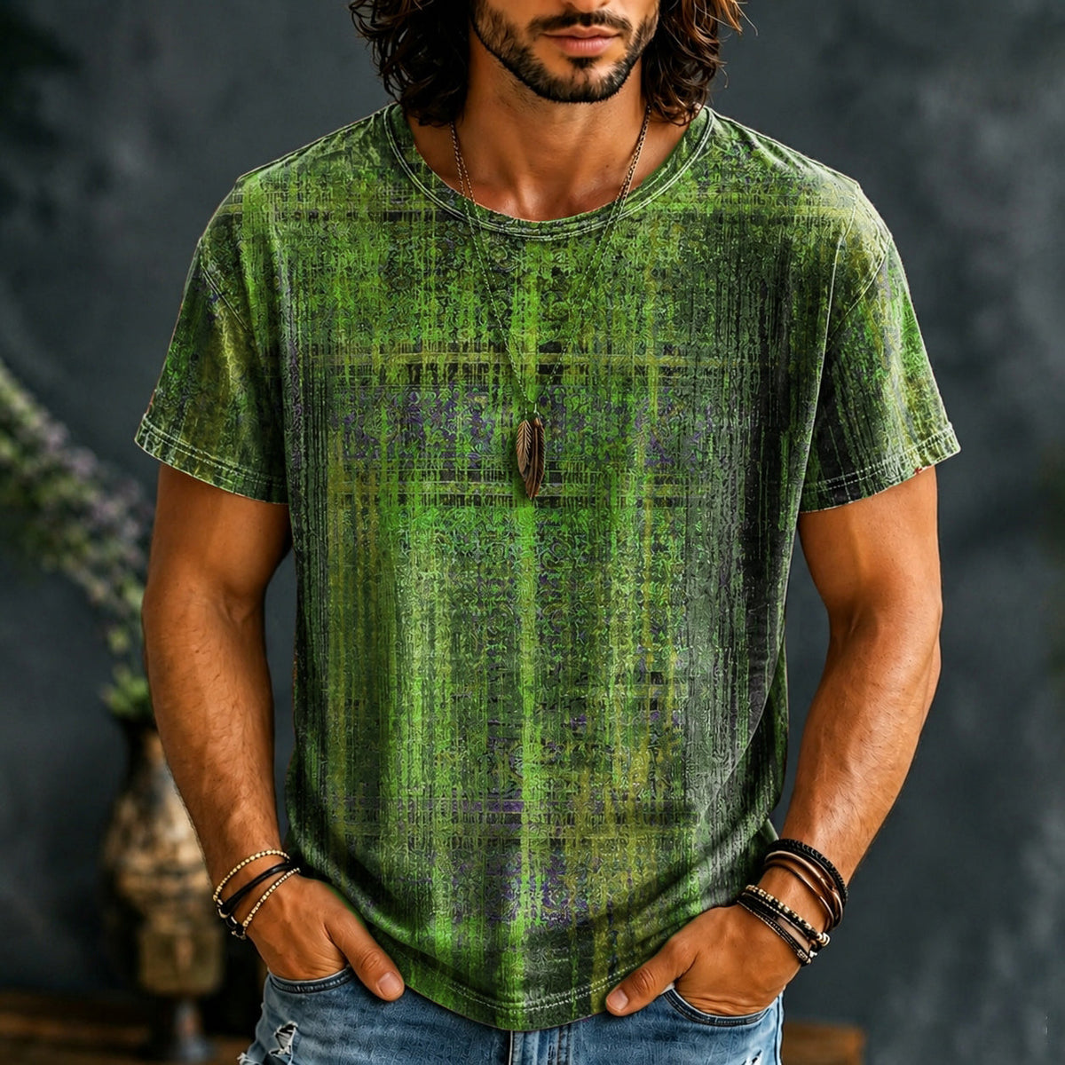 Men's short-sleeve crew-neck T-shirt with multicoloured distressed abstract print