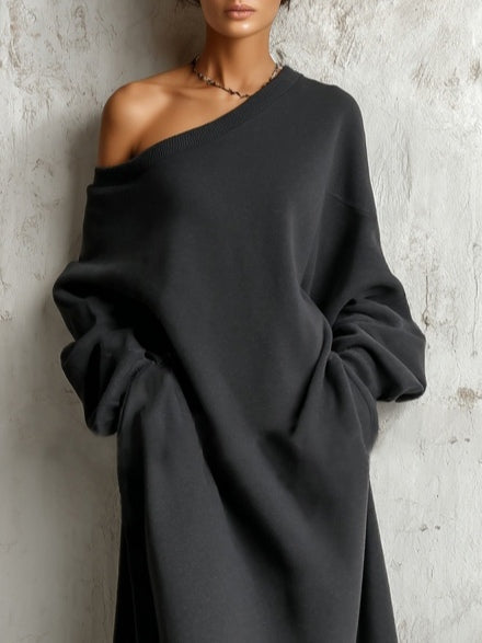 Women's black asymmetric off-shoulder sweatshirt maxi dress with long sleeves