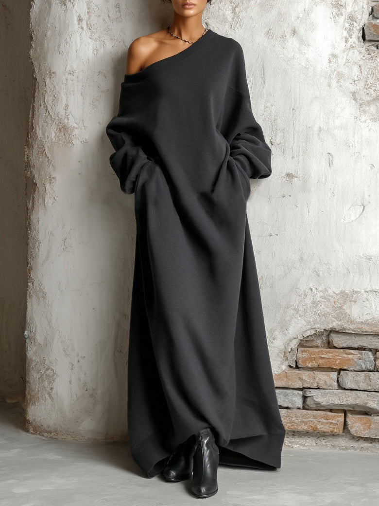 Women's black asymmetric off-shoulder sweatshirt maxi dress with long sleeves