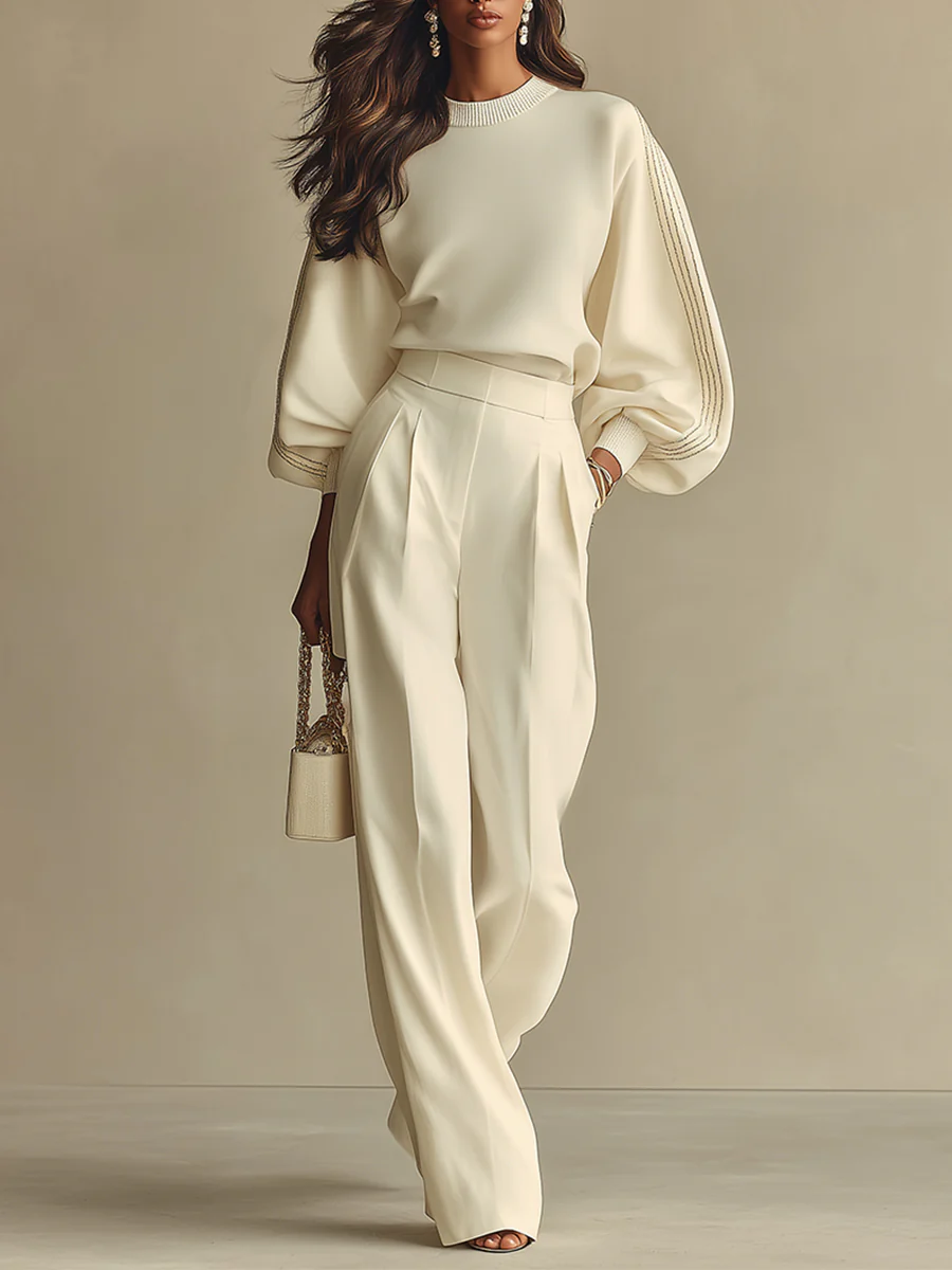 Women's ivory ribbed crew neck top and wide-leg trousers set
