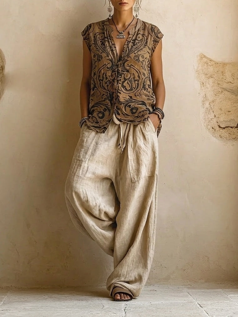 Woman wearing a beige three-piece outfit with printed V-neck top, long cardigan and wide-leg trousers