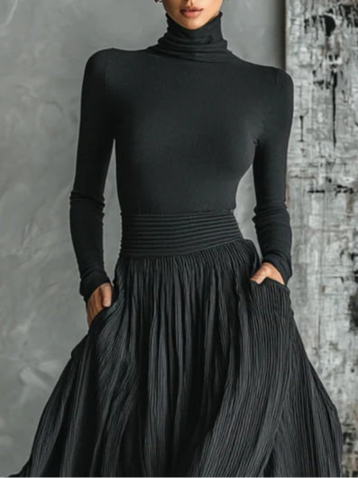 Women's long-sleeve turtleneck top and pleated maxi skirt set