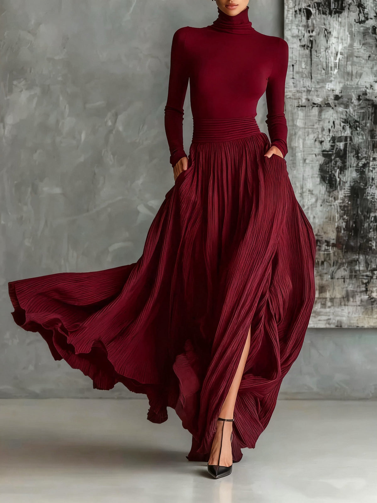 Women's long-sleeve turtleneck top and pleated maxi skirt set