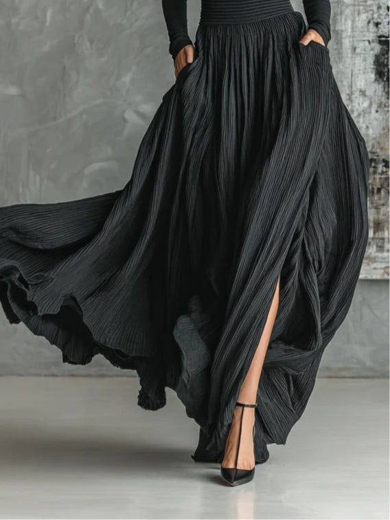 Women's long-sleeve turtleneck top and pleated maxi skirt set