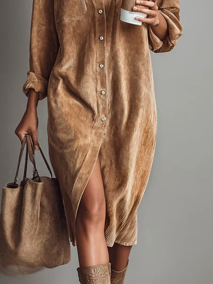 Women's corduroy shirt midi dress with long sleeves, chest pockets and front buttons