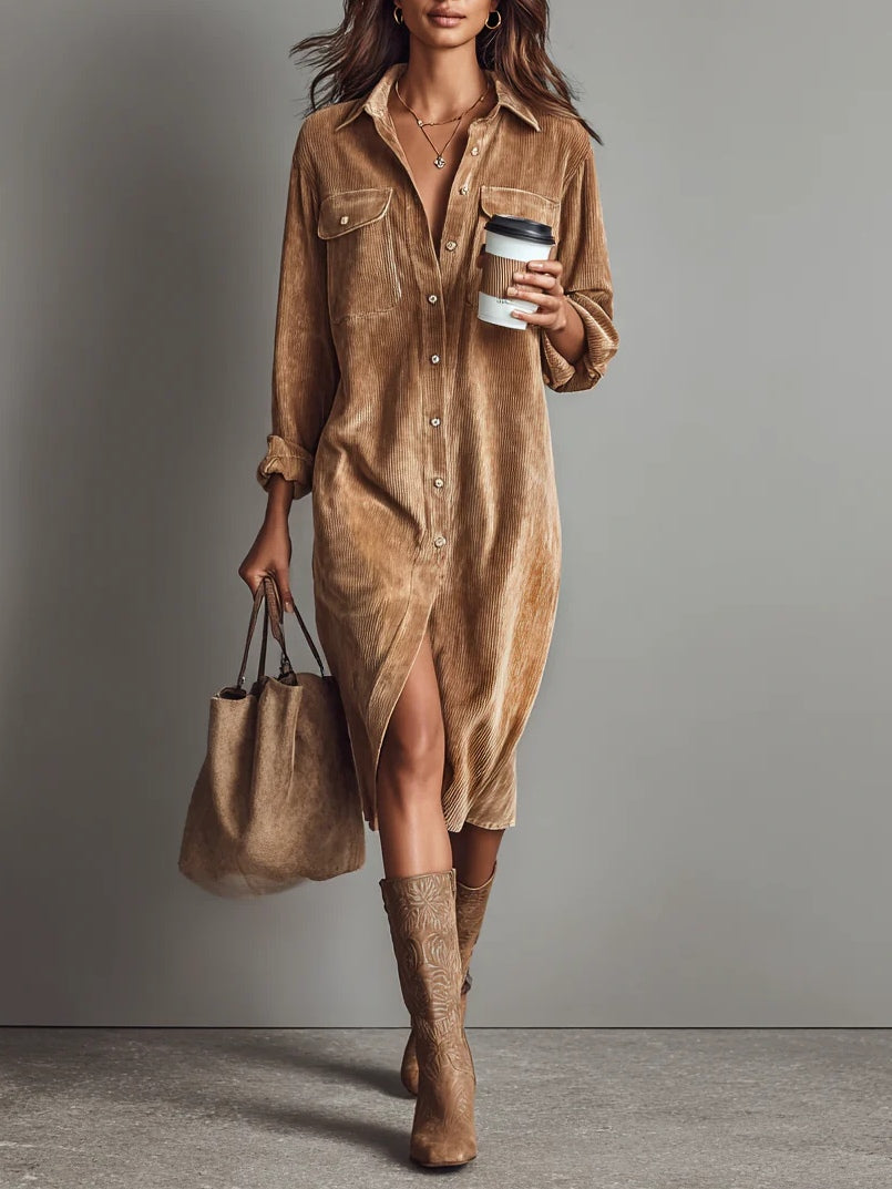 Women's corduroy shirt midi dress with long sleeves, chest pockets and front buttons