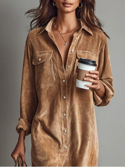 Women's corduroy shirt midi dress with long sleeves, chest pockets and front buttons