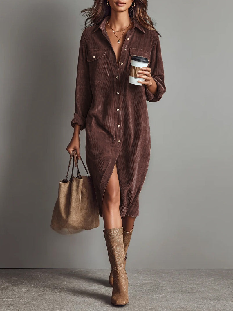 Women's corduroy shirt midi dress with long sleeves, chest pockets and front buttons