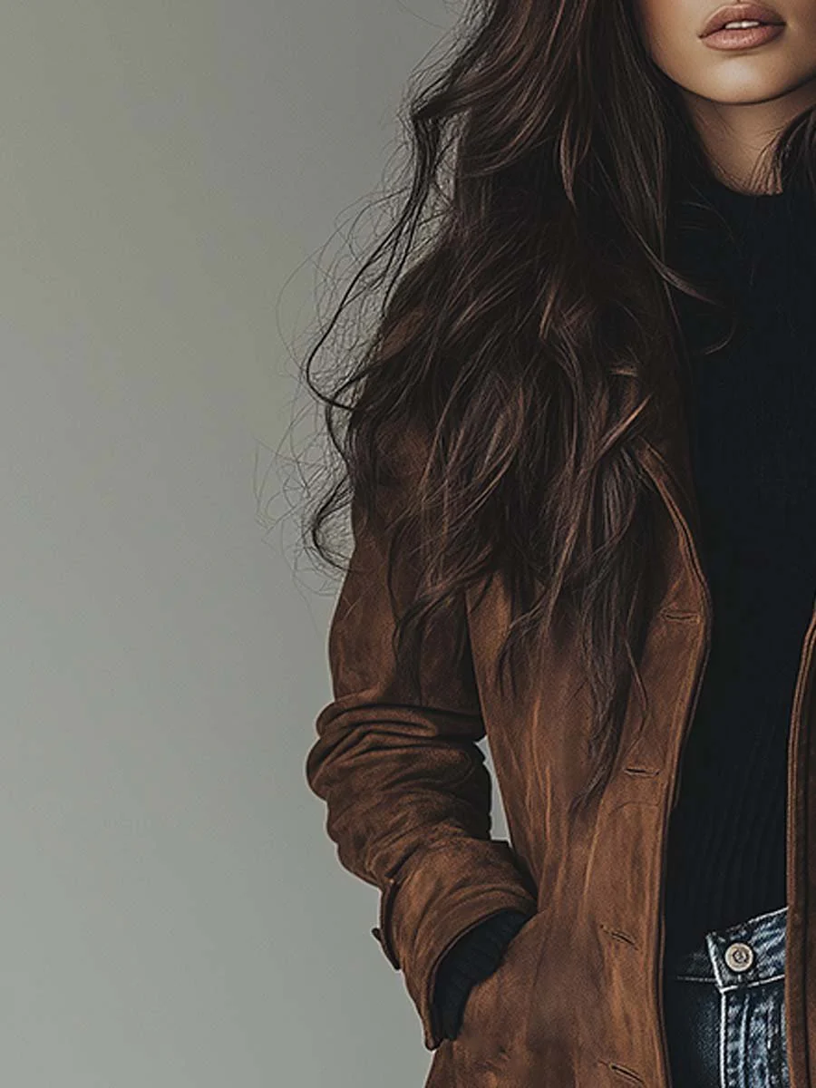 Women's long button-front trench coat with notched lapels and front pockets