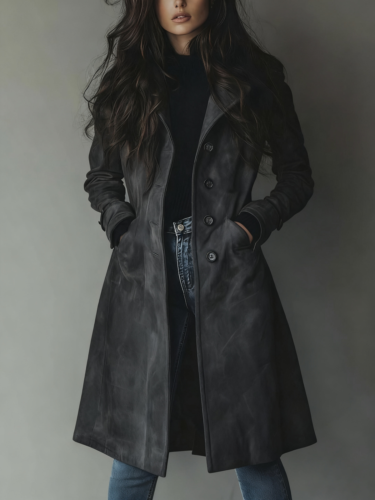 Women's long button-front trench coat with notched lapels and front pockets