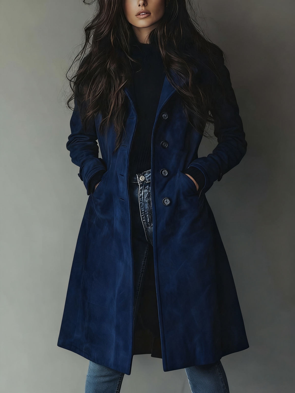 Women's long button-front trench coat with notched lapels and front pockets