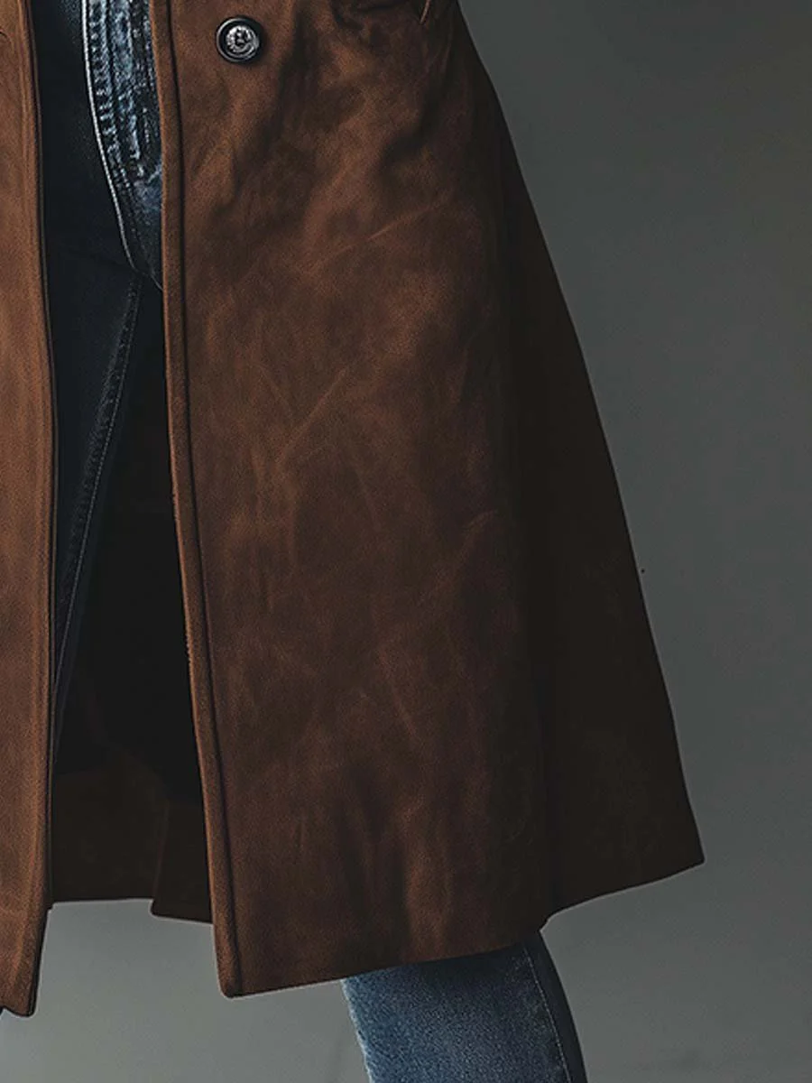 Women's long button-front trench coat with notched lapels and front pockets