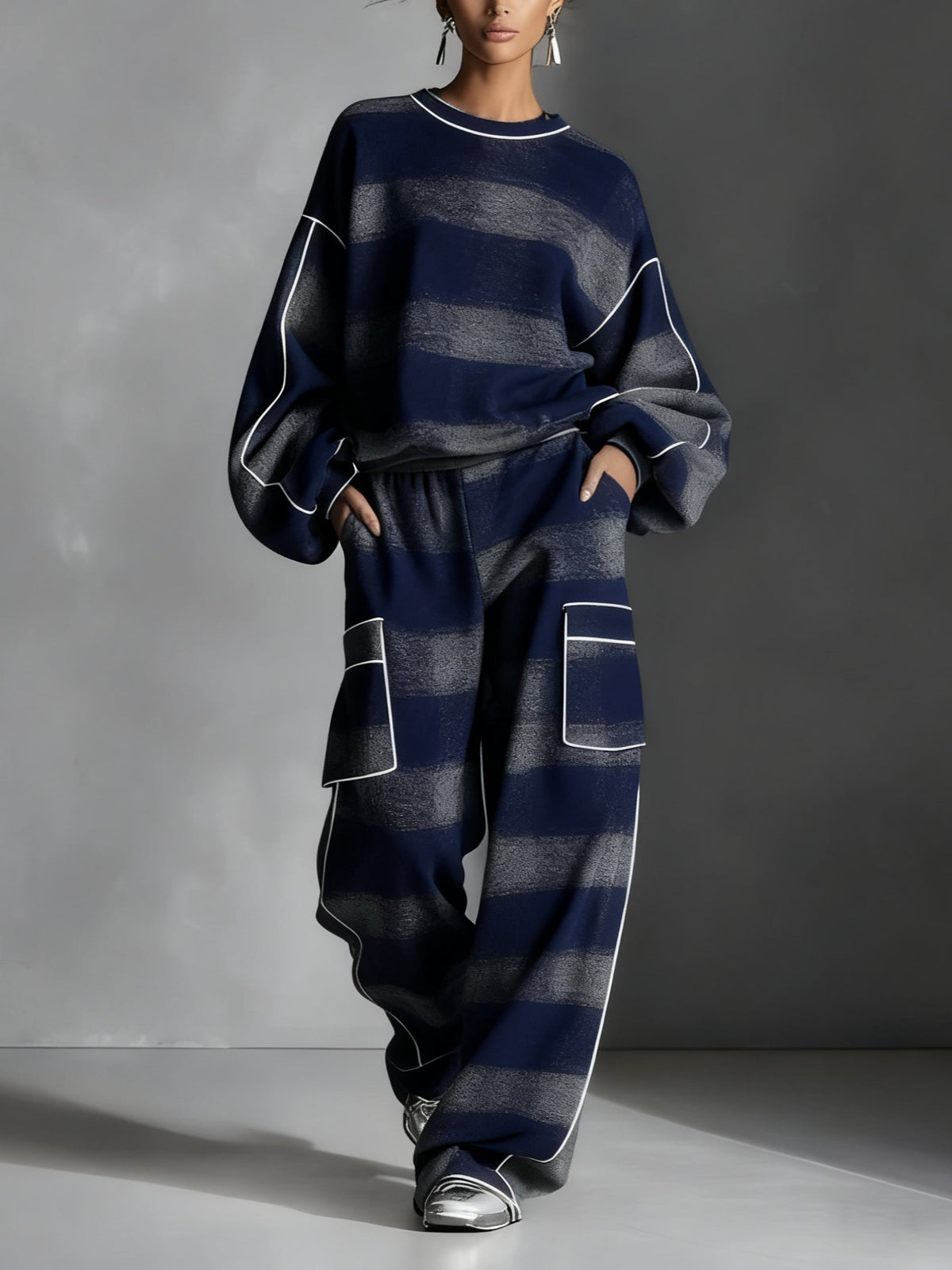 Women's navy and grey striped sweatshirt and wide-leg trousers set with cargo pockets