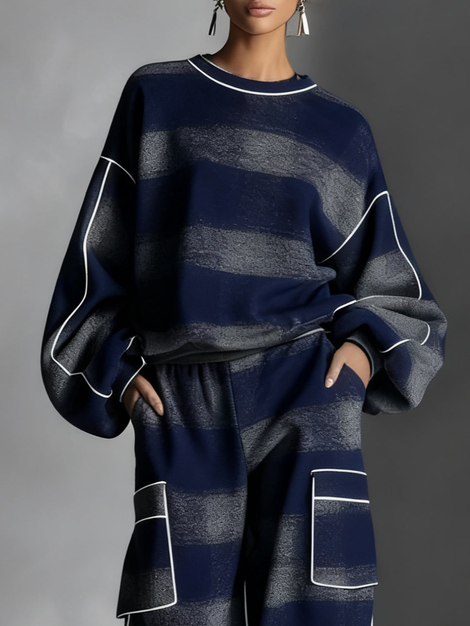 Women's navy and grey striped sweatshirt and wide-leg trousers set with cargo pockets