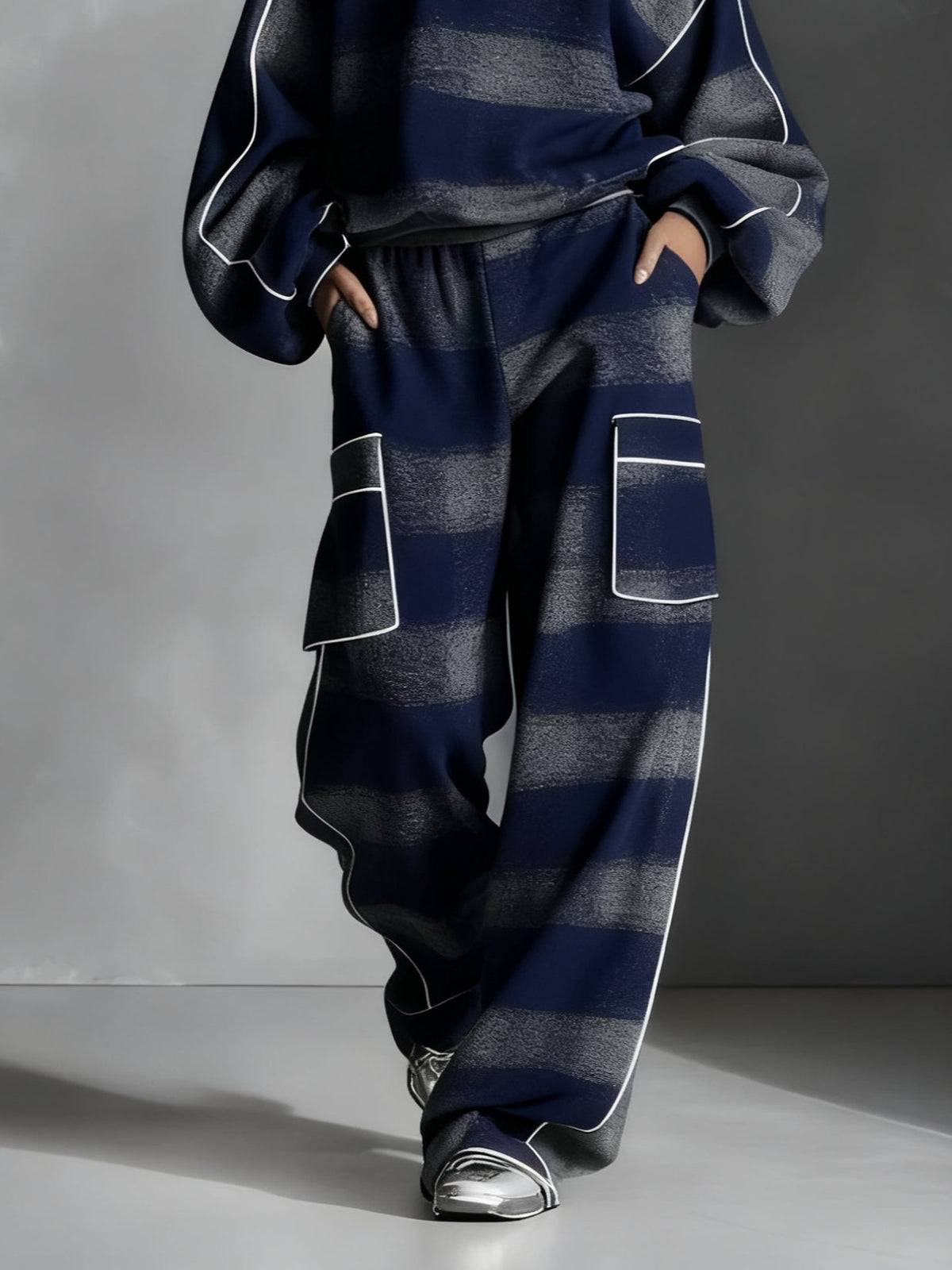 Women's navy and grey striped sweatshirt and wide-leg trousers set with cargo pockets