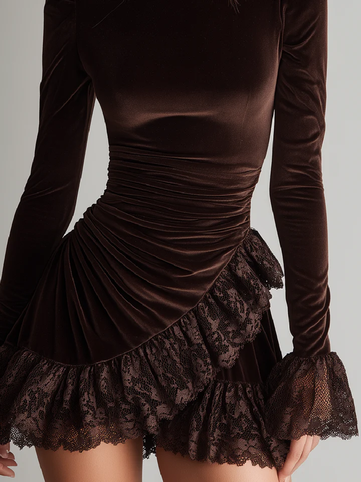 Women's brown velvet turtleneck mini dress with ruched waist and lace ruffle hem