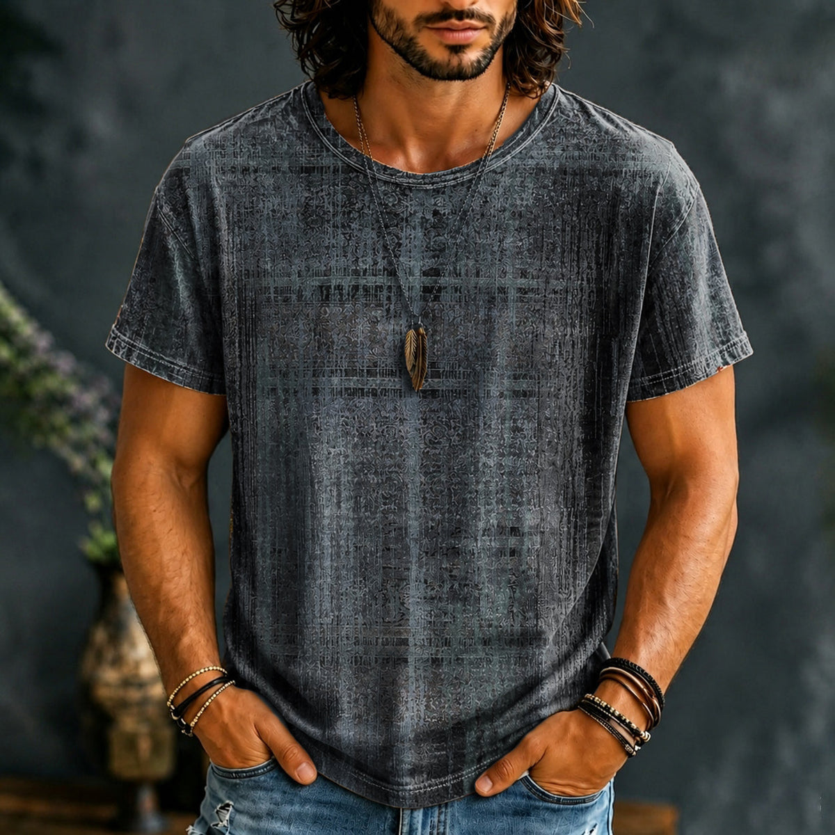 Men's short-sleeve crew-neck T-shirt with multicoloured distressed abstract print