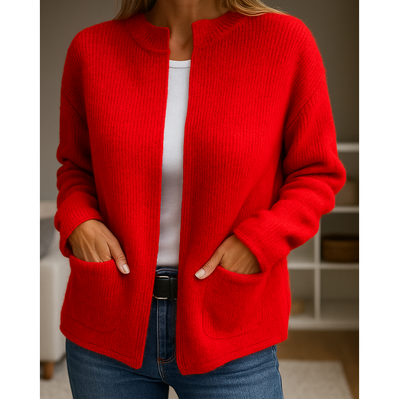 Women's ribbed knit cardigan with crew neck, zip front and patch pockets