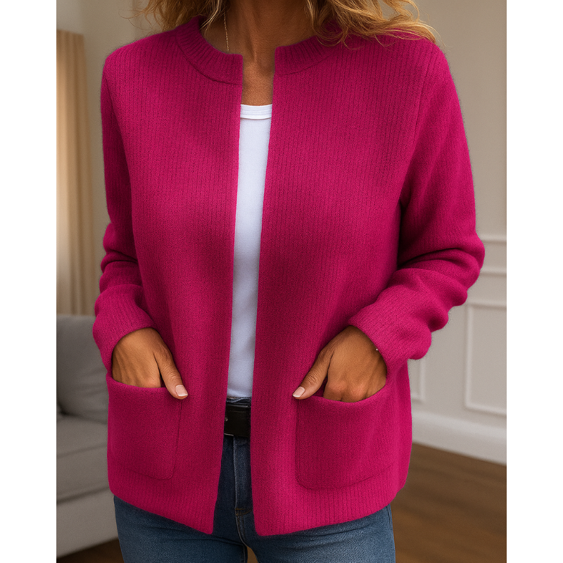 Women's ribbed knit cardigan with crew neck, zip front and patch pockets
