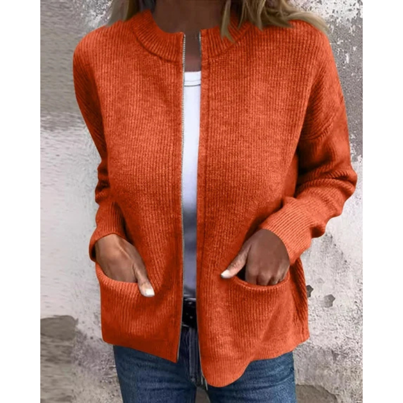 Women's ribbed knit cardigan with crew neck, zip front and patch pockets