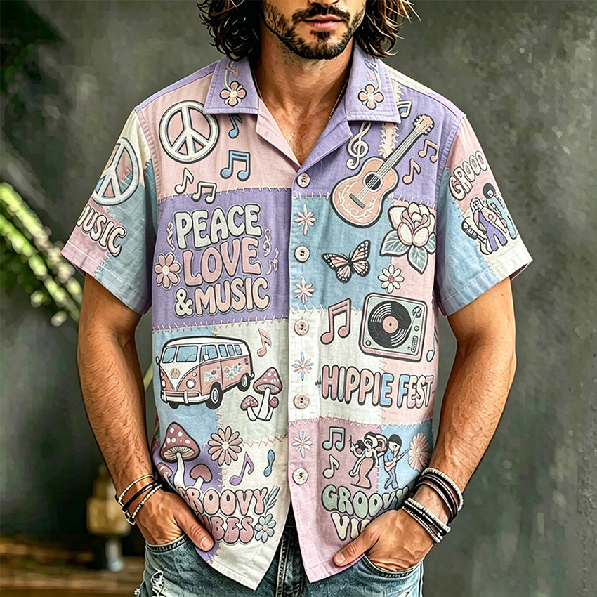 Men's short-sleeve patchwork shirt with peace, love and music illustrations