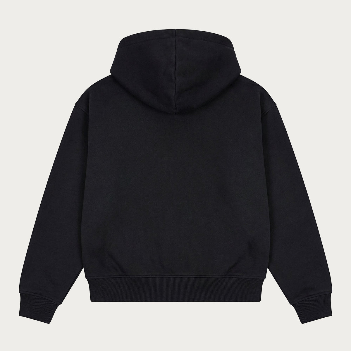 Black long-sleeve zip-up hoodie with hood and kangaroo pockets