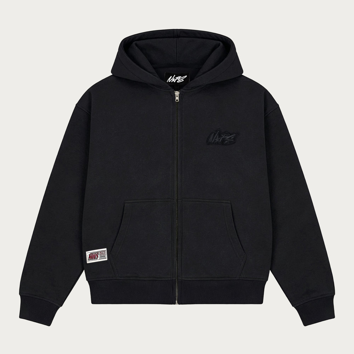 Black long-sleeve zip-up hoodie with hood and kangaroo pockets