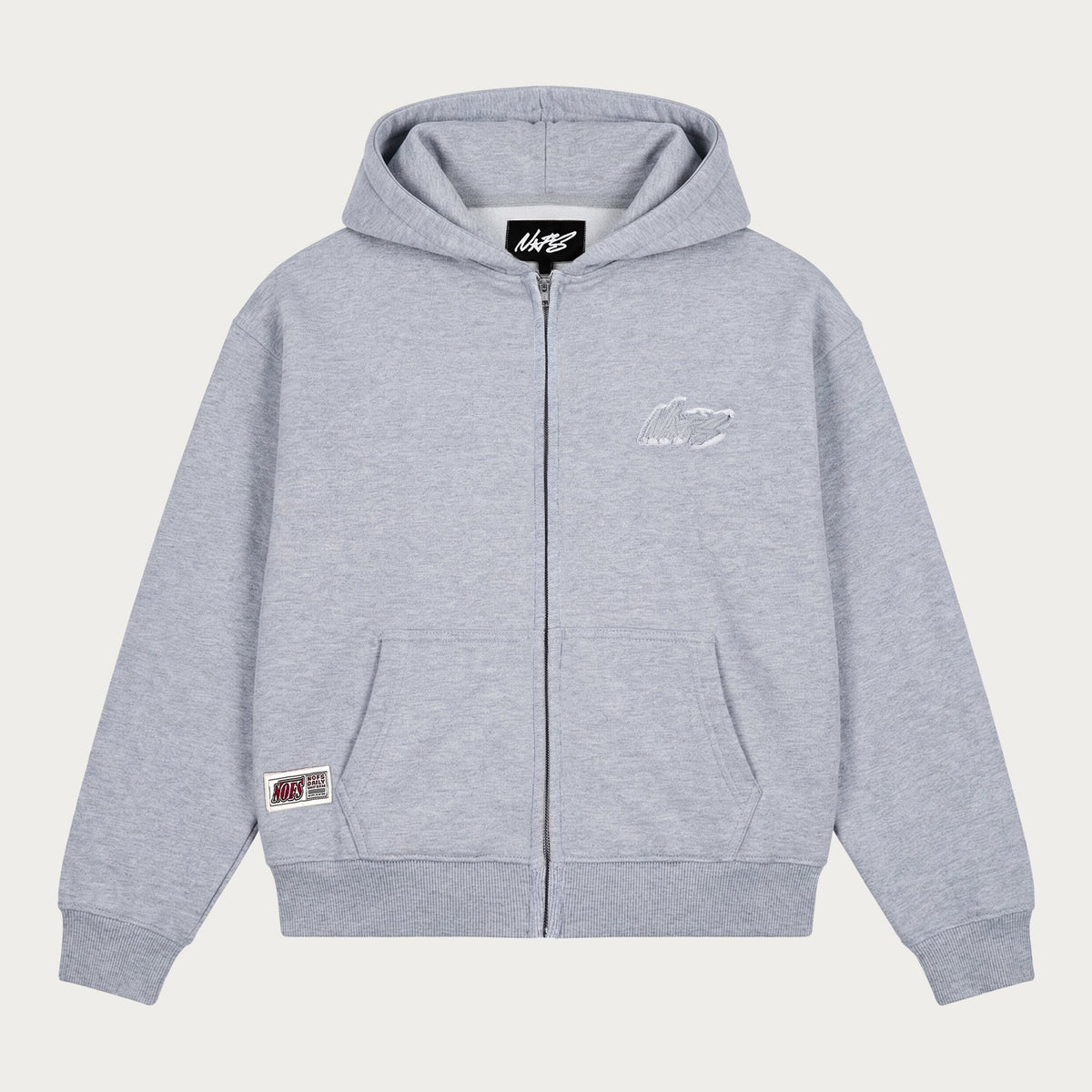 Grey plain zip hoodie with hood, long sleeves and front pockets