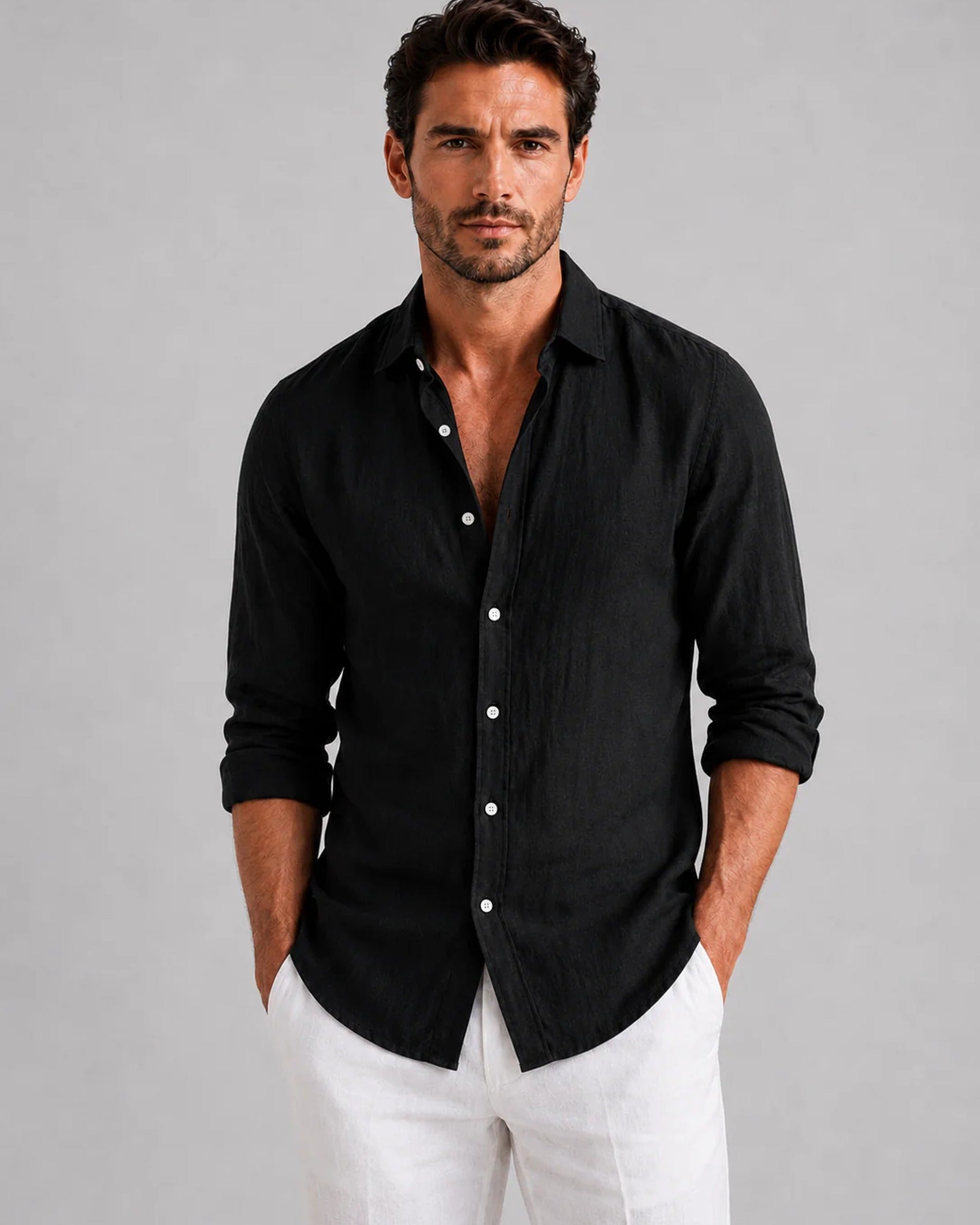 Men's long-sleeve textured button-up shirt with spread collar and curved hem