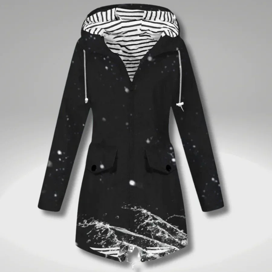 Women's hooded long-sleeve trench coat with zip front and flap pockets
