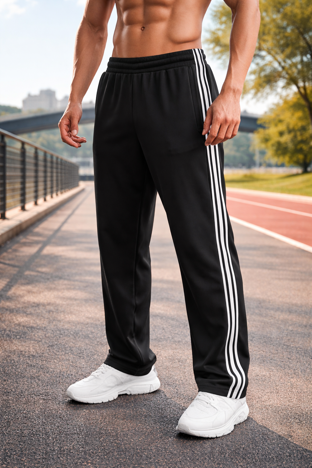 Men's Tracksuit Trousers Wide Leg Stripe Detail - Black