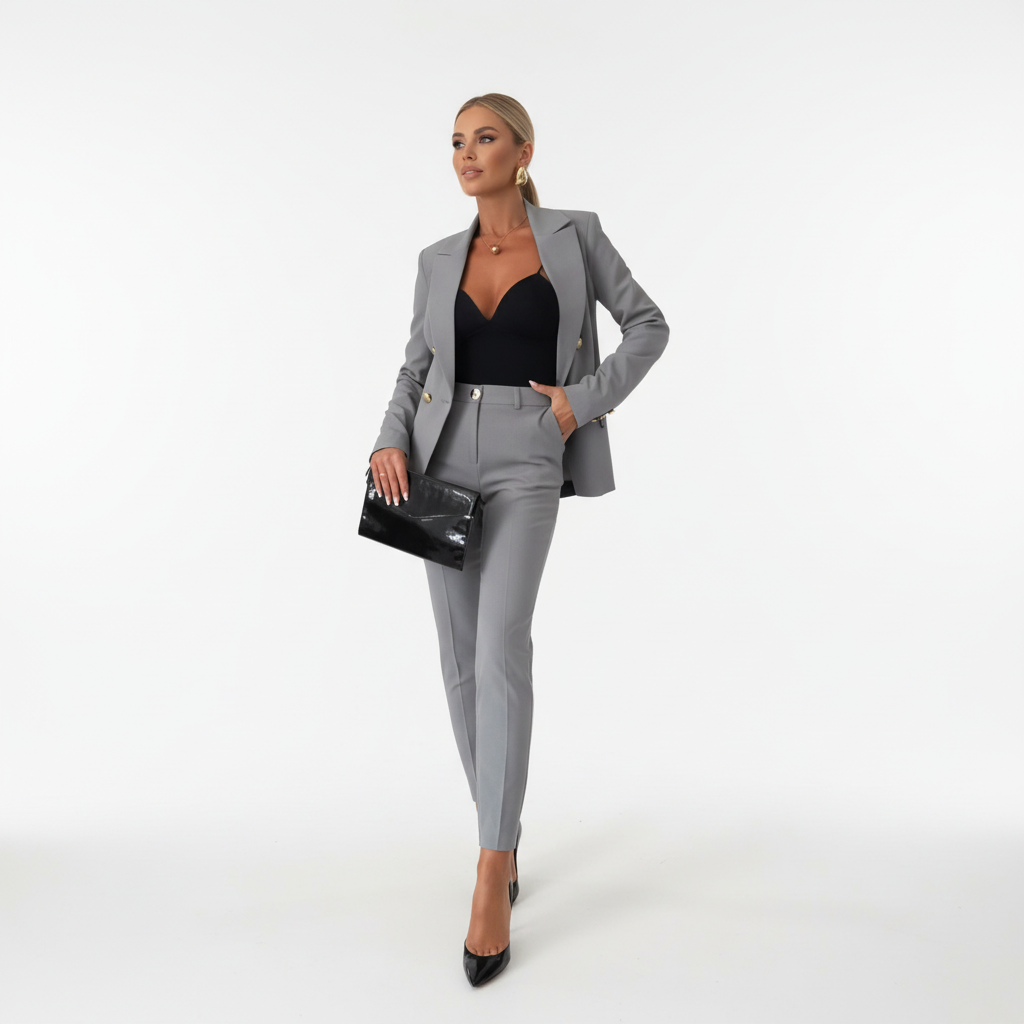 Woman wearing a tailored two-piece blazer and slim trouser suit set