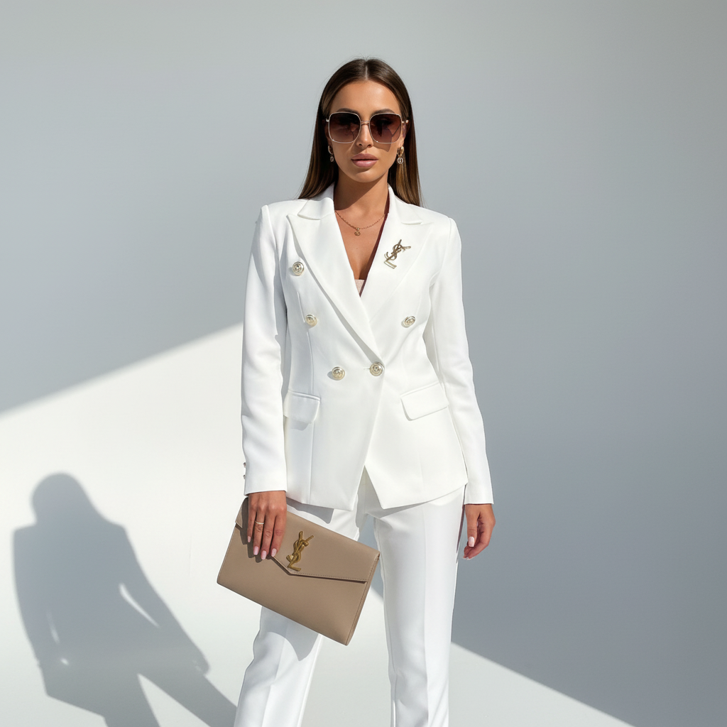 Woman wearing a tailored two-piece blazer and slim trouser suit set
