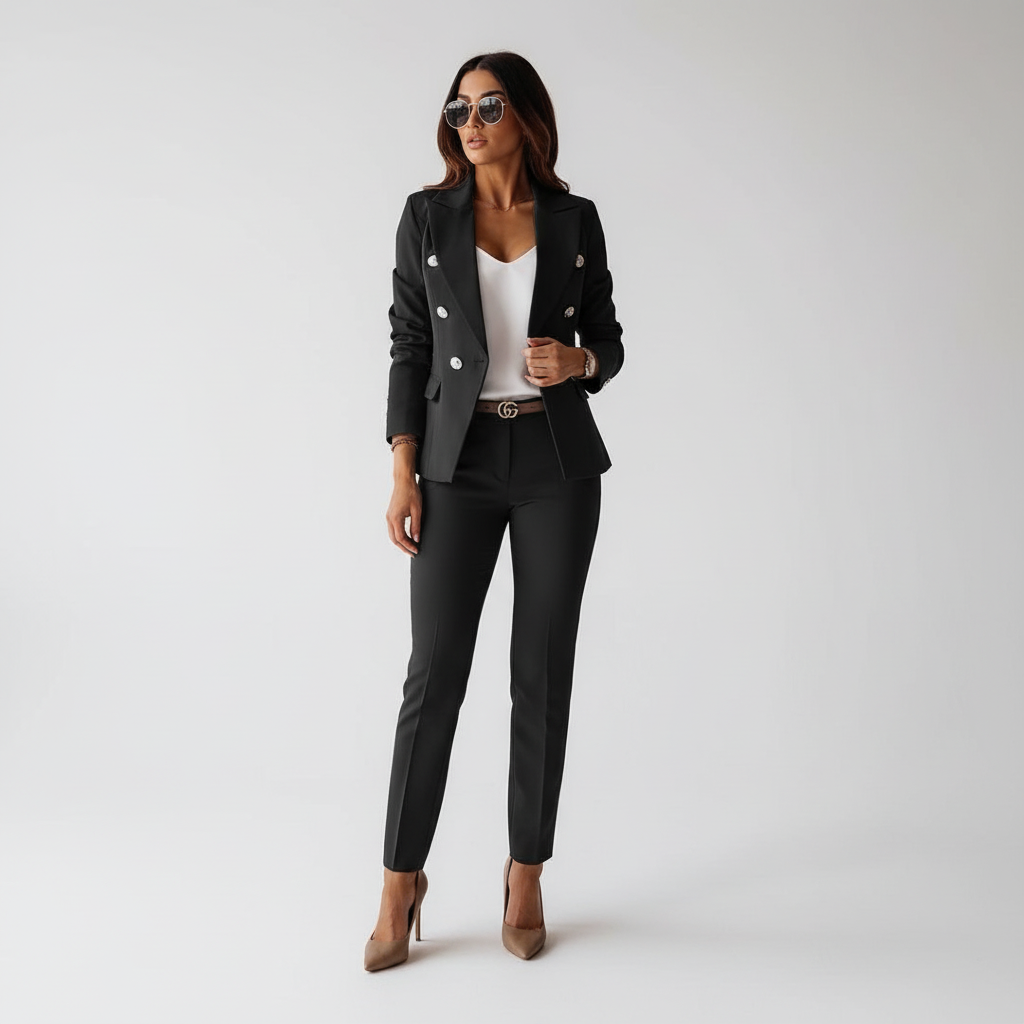 Woman wearing a tailored two-piece blazer and slim trouser suit set