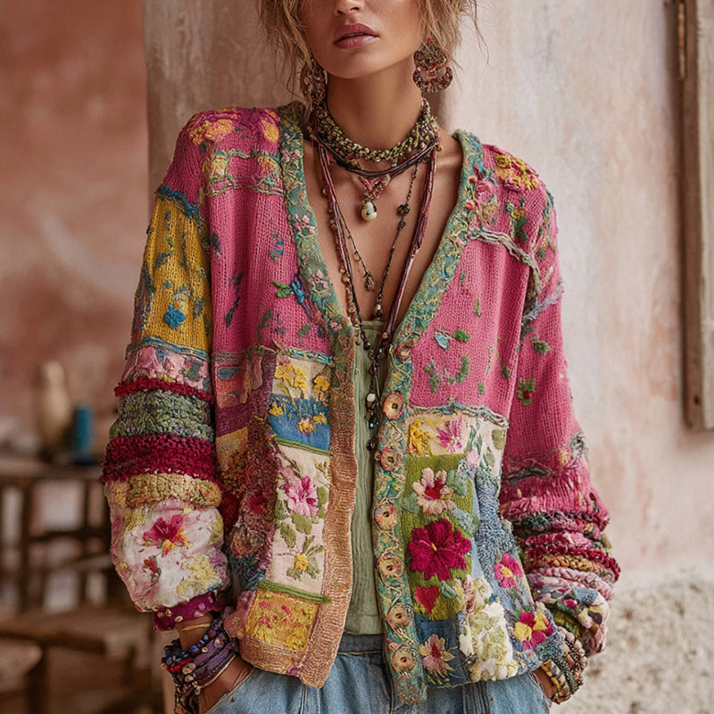 Women's pink floral patchwork cardigan with V-neck and long sleeves