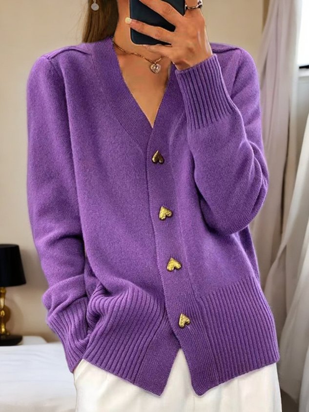 Women's V-neck cardigan with long sleeves and gold heart buttons