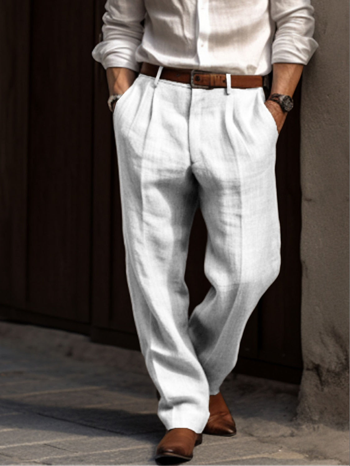 Men's Linen Trousers Relaxed Fit Pleated Waist - White