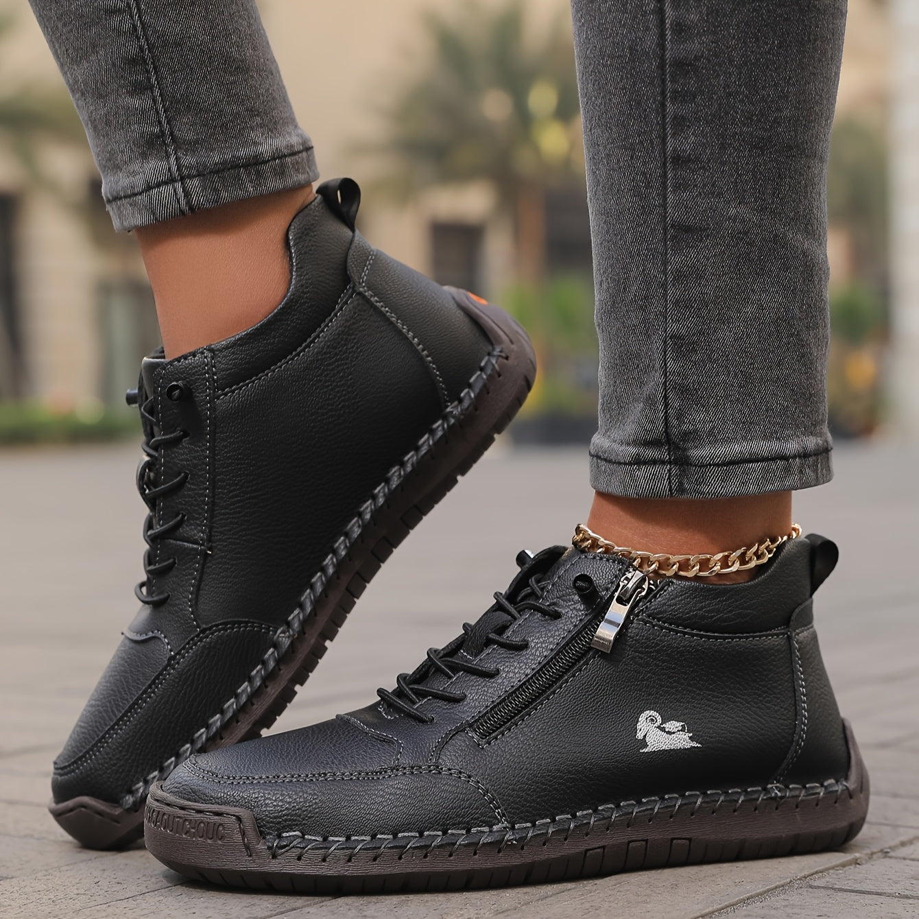 Women's Ankle Boot Lace-Up Side Zip - Black