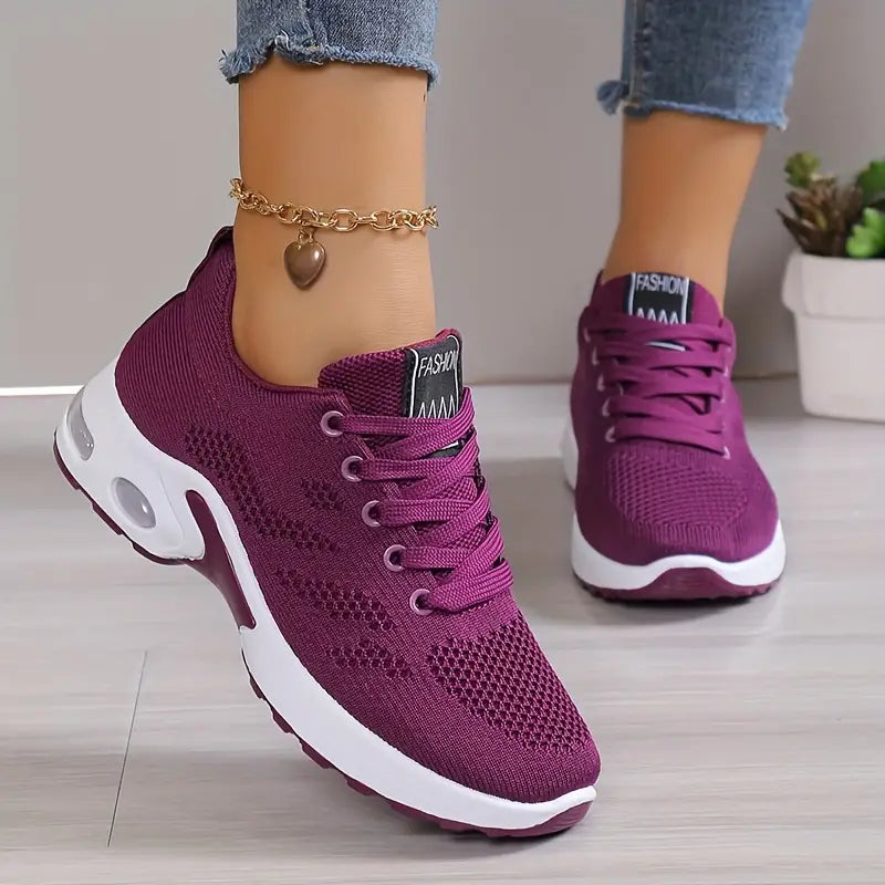 Women's Knit Trainers Lace-Up Air Cushion Platform - Purple