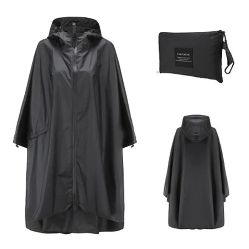 Patterned hooded rain poncho with zip front and wide sleeves