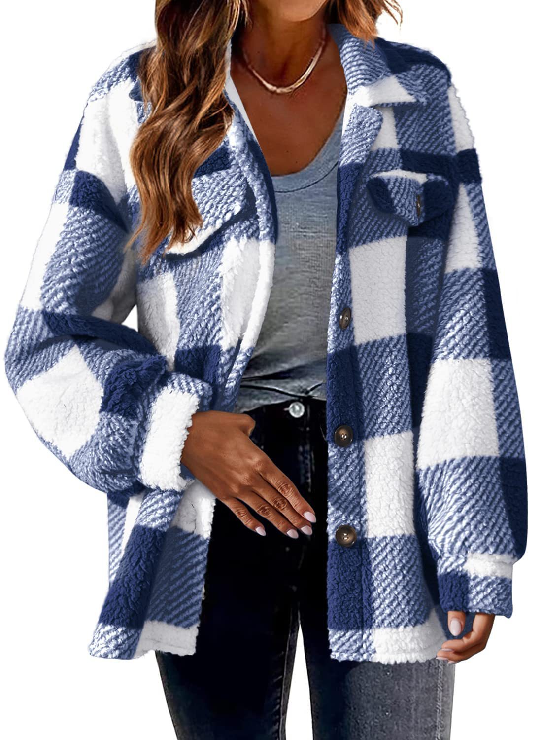 Women's checked textured shirt jacket with long sleeves, button front and chest pockets