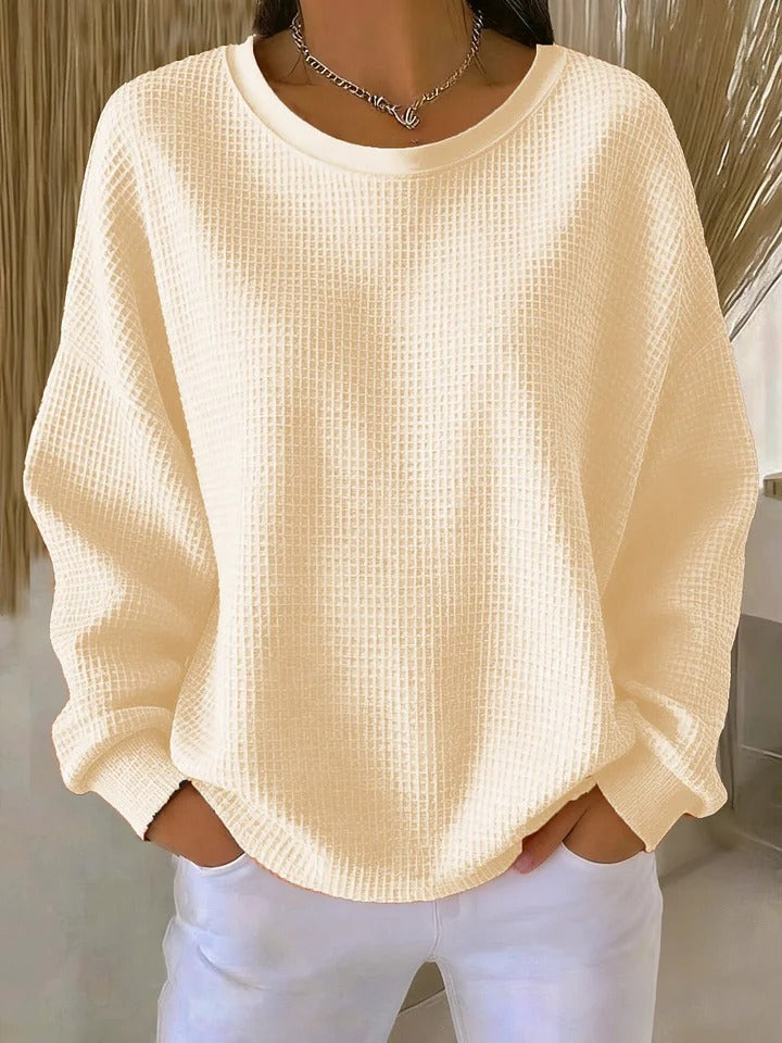 Women's long-sleeve waffle-knit crew-neck jumper with ribbed trims